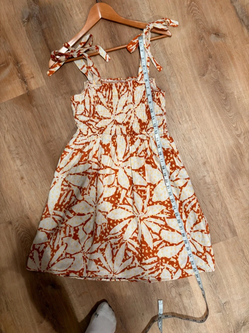 Linen White and Rust Tie-Shoulder Mini Dress - Picture 4 of 6